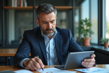 Homme d'affaires en costume bleu analysant des graphiques