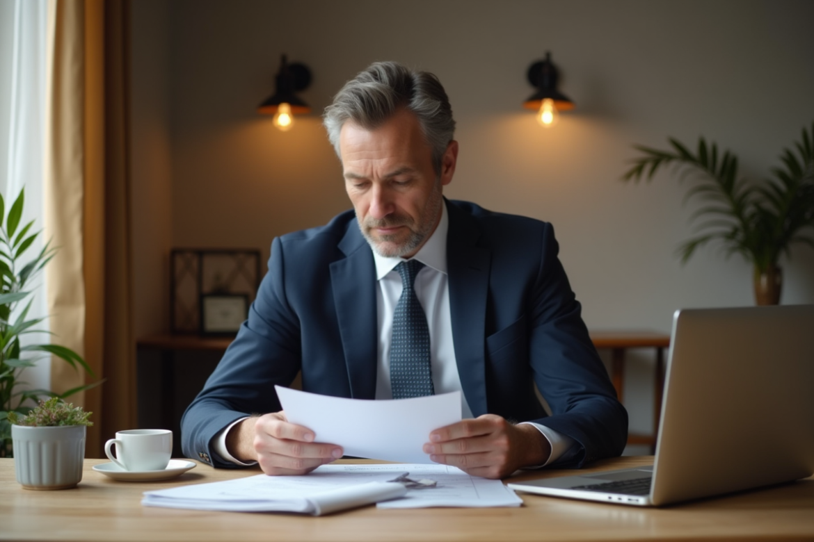 Homme d'affaires méditant sur ses finances à la maison