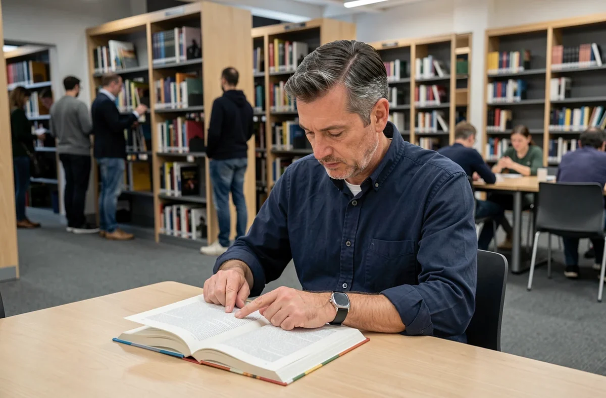 Homme consultant un guide de langue française ouvert dans une bibliothèque moderne et lumineuse