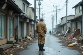 Homme japonais en vêtements de travail sur une rue dévastée