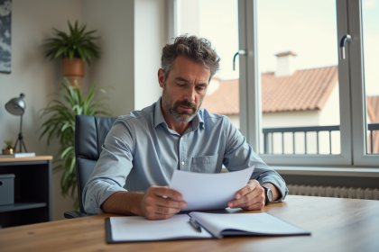 Homme d'âge moyen examinant des documents immobiliers dans un bureau lumineux