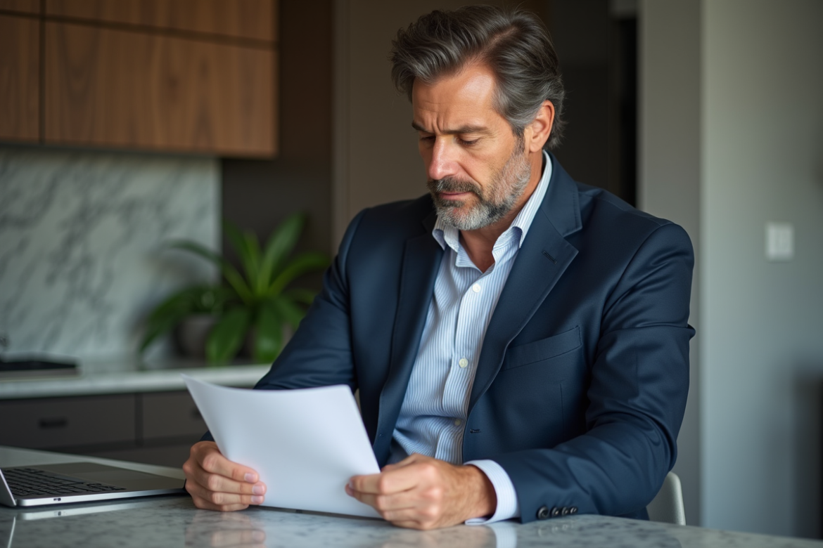 Homme d'âge moyen en costume bleu lisant un relevé bancaire