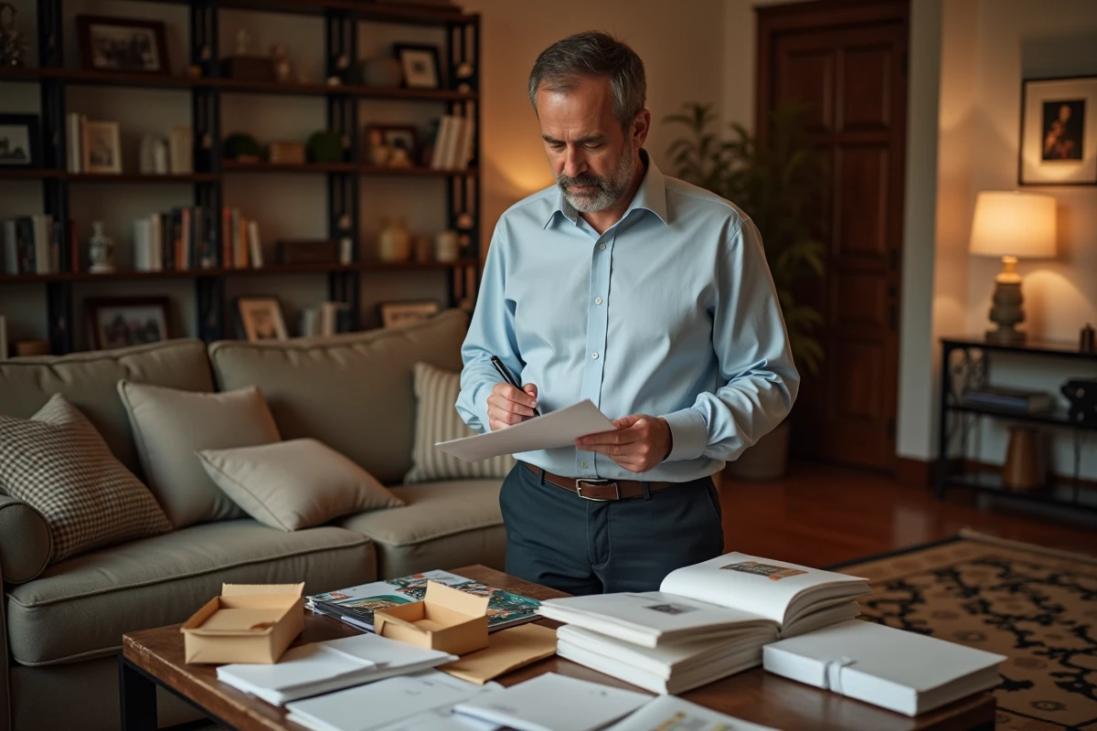 Homme écrivant sa liste de cadeaux dans le salon