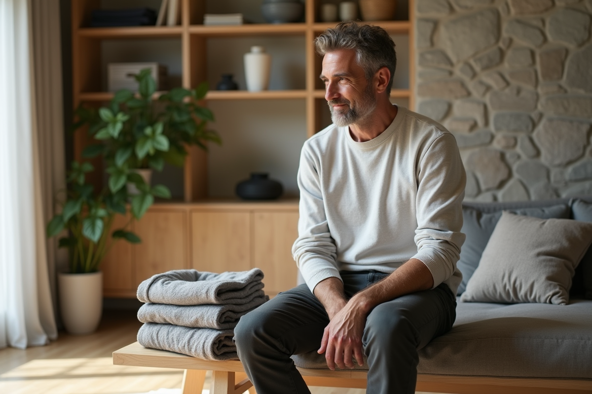 Homme méditant avec vêtements minimalistes dans un salon lumineux