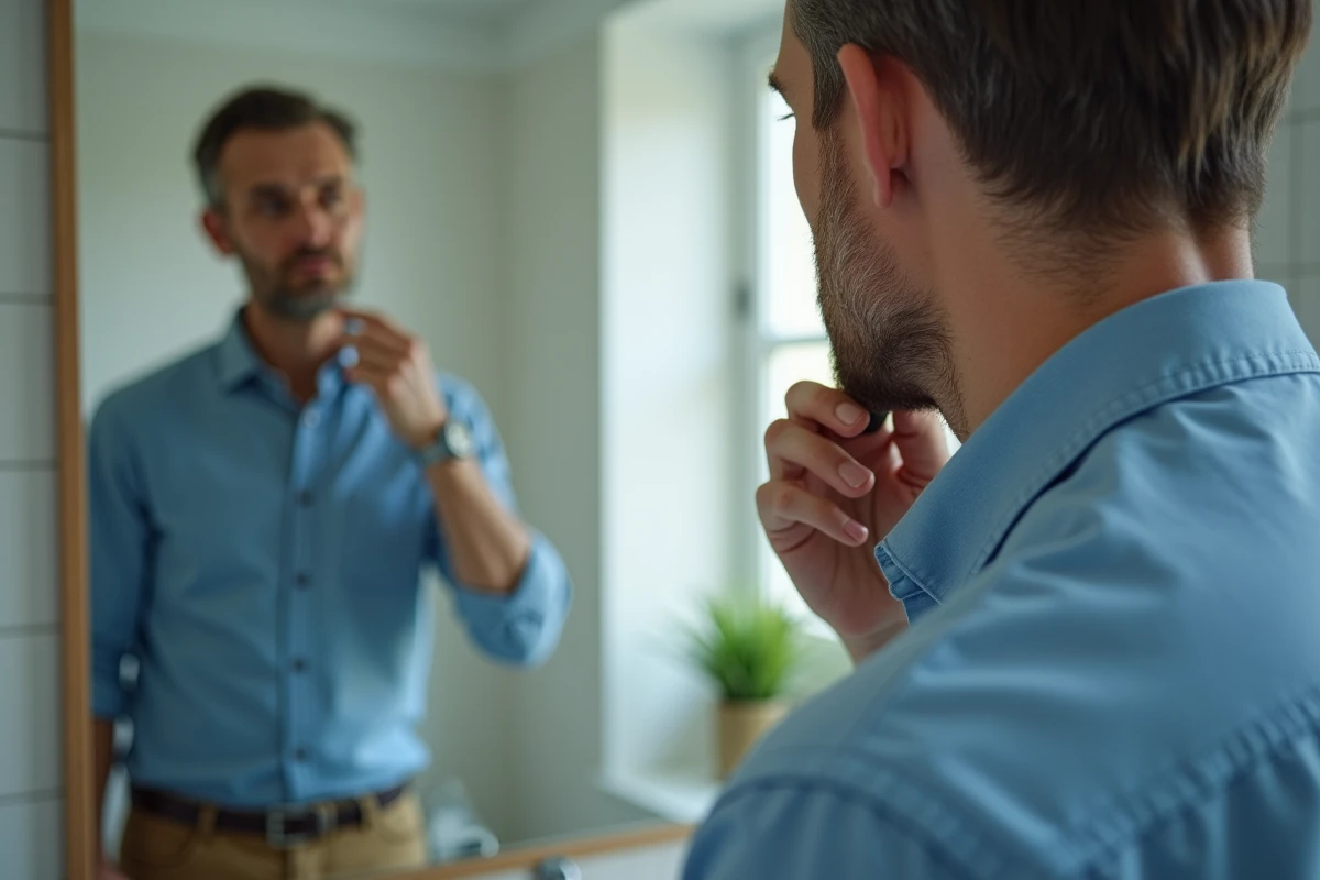 Homme regardant son reflet dans un miroir de salle de bain