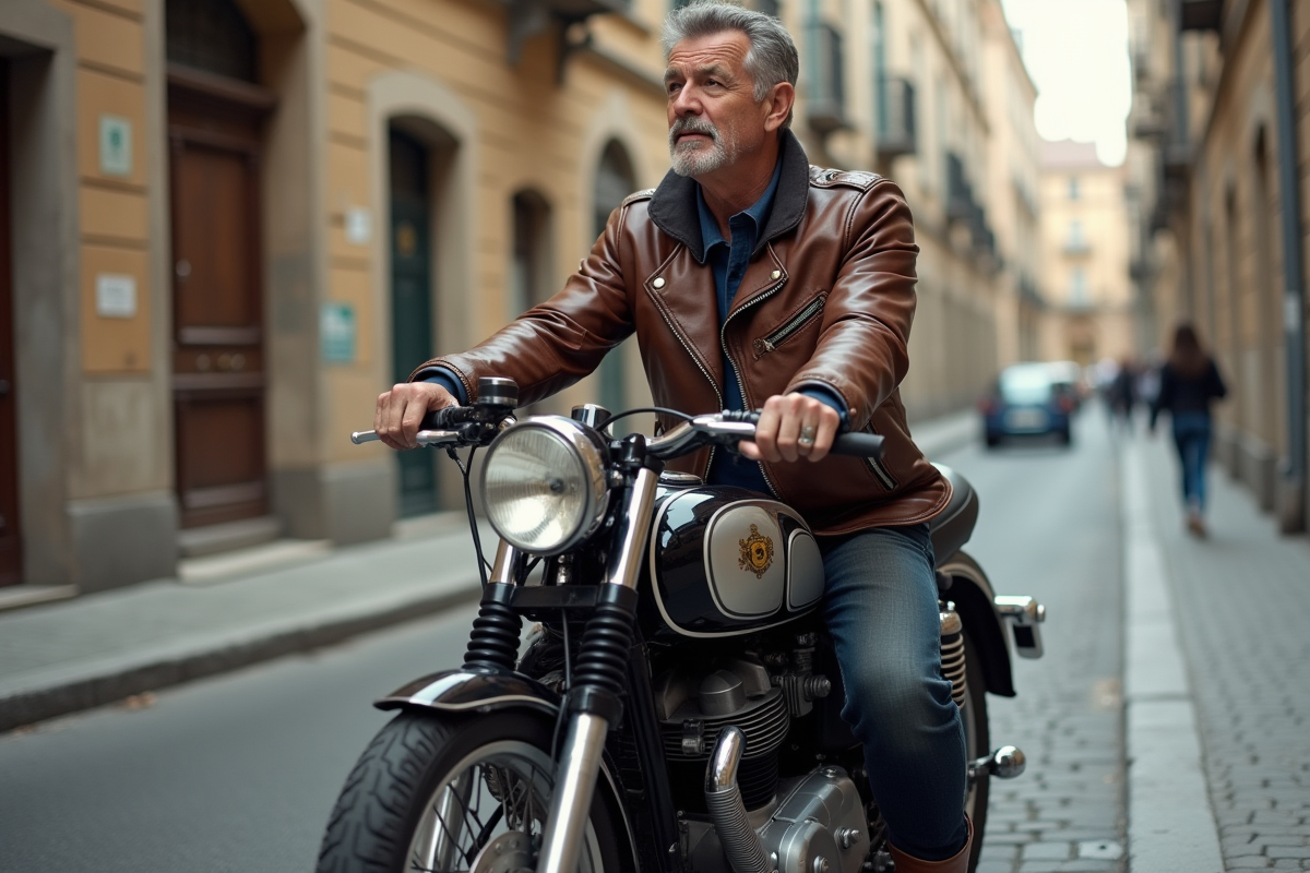 Homme en veste en cuir sur moto classique en ville