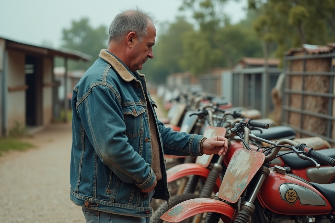 Homme d'âge moyen examine des motos de motocross d'occasion en plein air