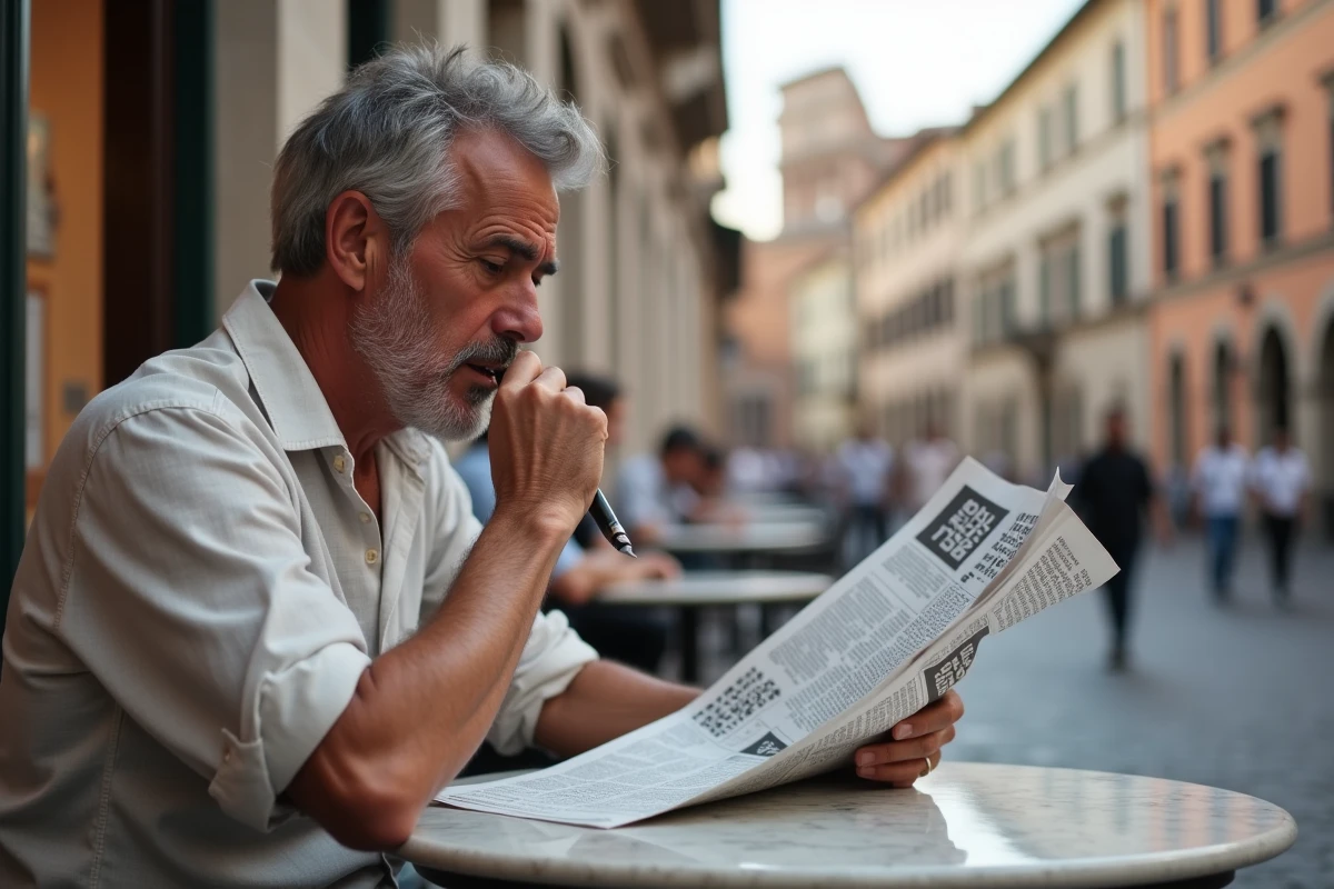 Homme italien résolvant des mots fléchés dans un café en plein air avec vue sur Rome