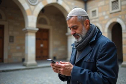Homme musulman vérifiant l'horaire de prière sur smartphone devant une mosquée