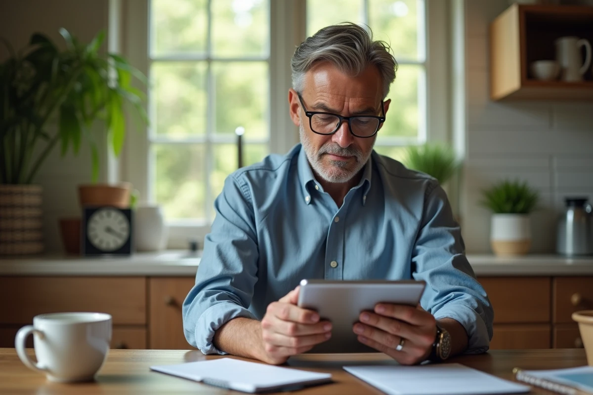 Homme d age moyen vérifie un planner sur tablette dans sa cuisine