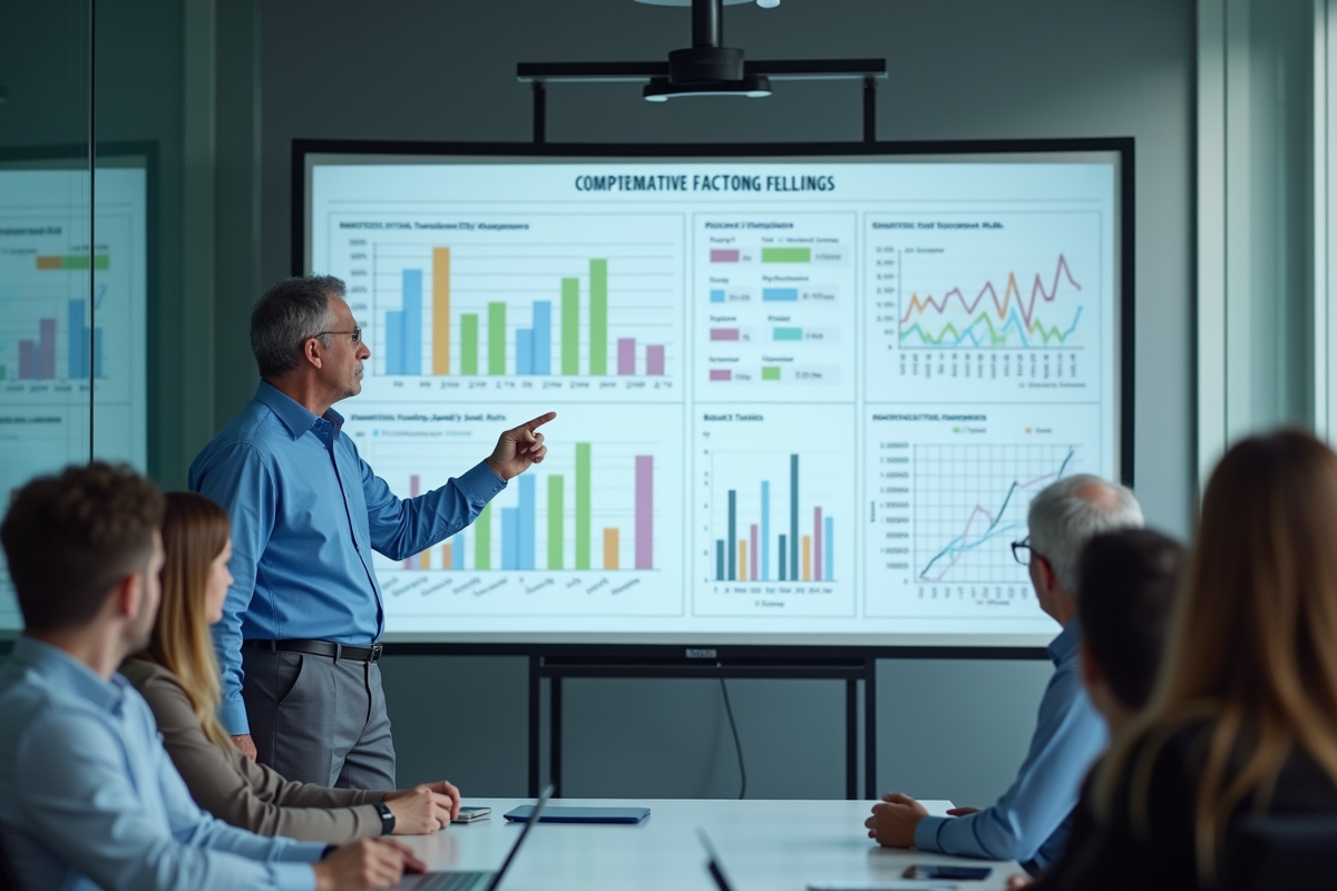Homme en business casual présente des graphiques de factoring