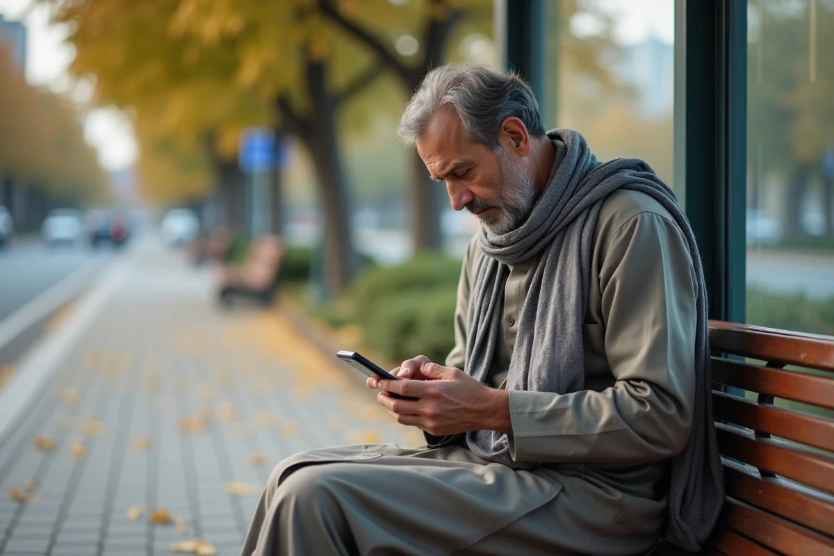 Homme méditant vérifiant un horaire de prière sur smartphone à Bondy