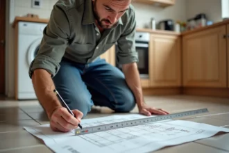 Homme mesurant un plan de renovation dans une cuisine moderne