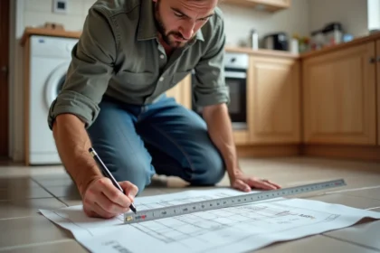 Homme mesurant un plan de renovation dans une cuisine moderne