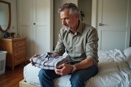 Homme d'âge moyen examinant un plaid dans sa chambre