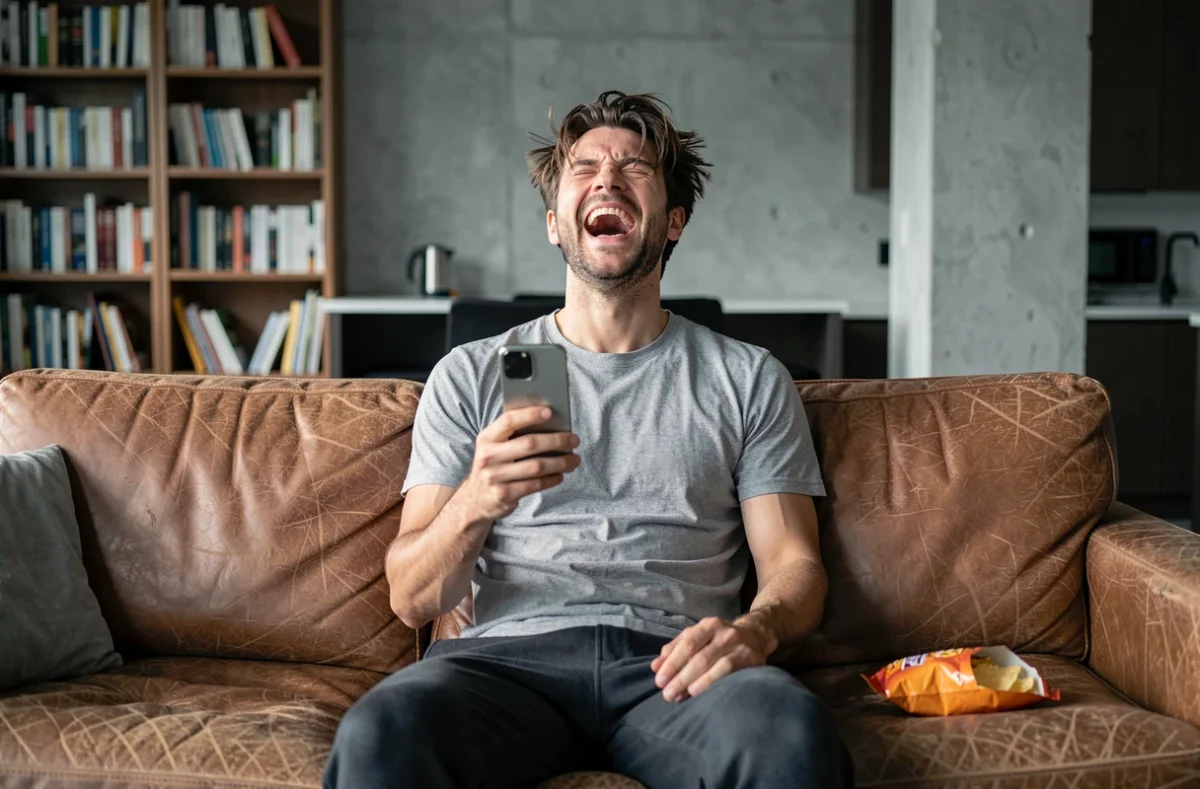 Homme seul chez lui qui rit aux éclats en lisant une blague d'humour noir sur son téléphone le soir