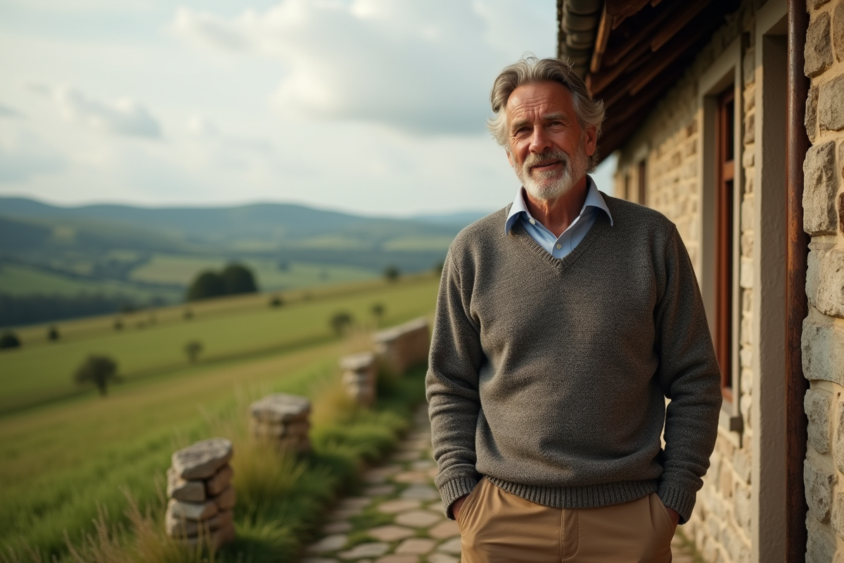 Homme détendu devant une ferme en campagne verdoyante