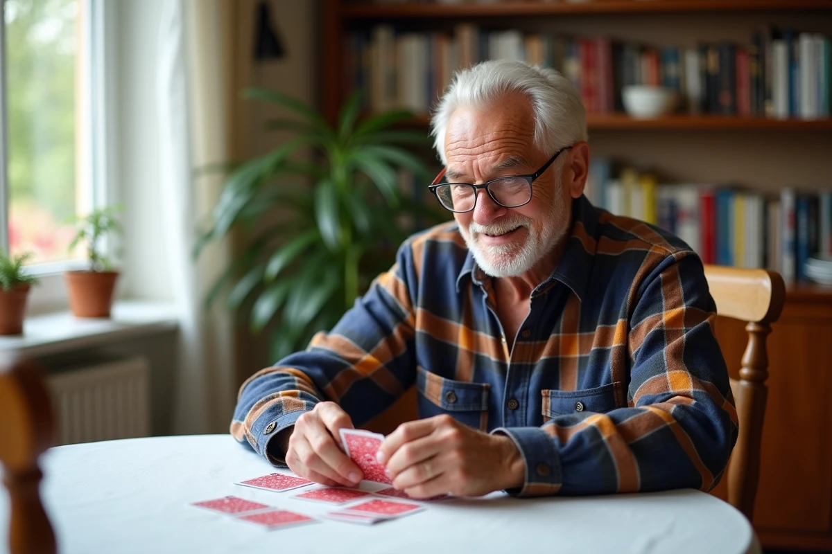 Homme âgé mélangeant des cartes à jouer à une table ronde pour préparer une partie de crapette chez lui