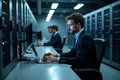 Homme professionnel travaillant près d'un serveur haute technologie