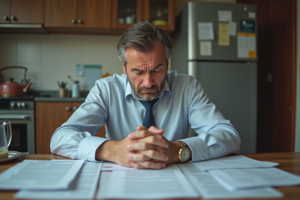 Homme stressé avec factures et prêts à la maison