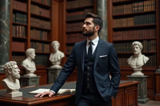 Homme en costume dans une bibliothèque classique