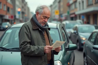 Homme d'âge moyen lisant une note dans un parking urbain