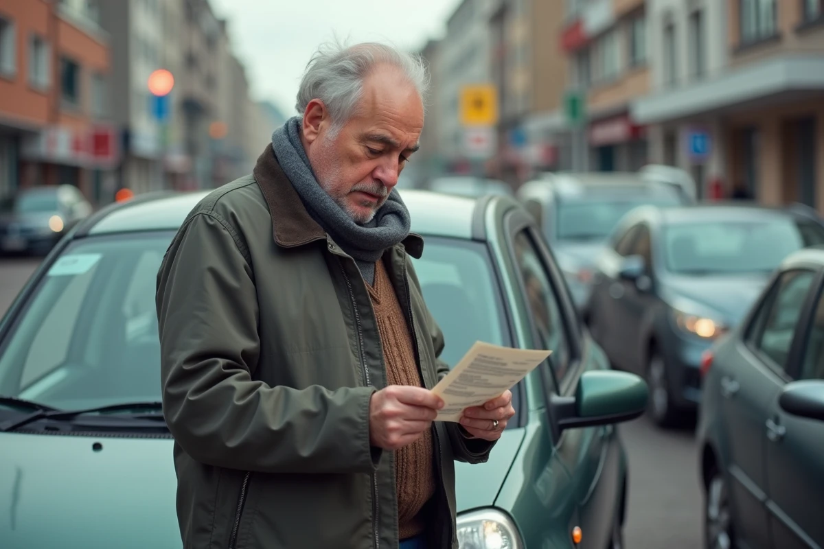 Homme d'âge moyen lisant une note dans un parking urbain