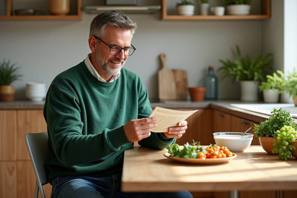 Homme en cuisine comparant deux bons alimentaires