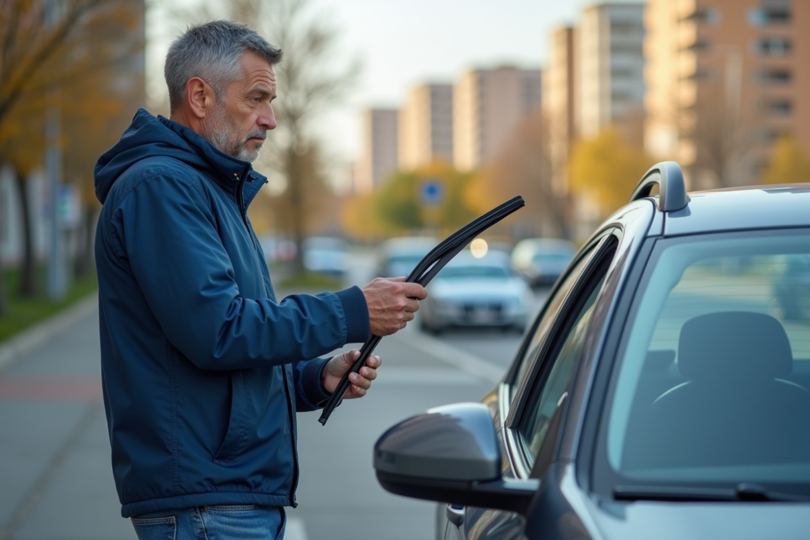 Homme vérifiant un balai d'essuie-glace universel devant sa voiture
