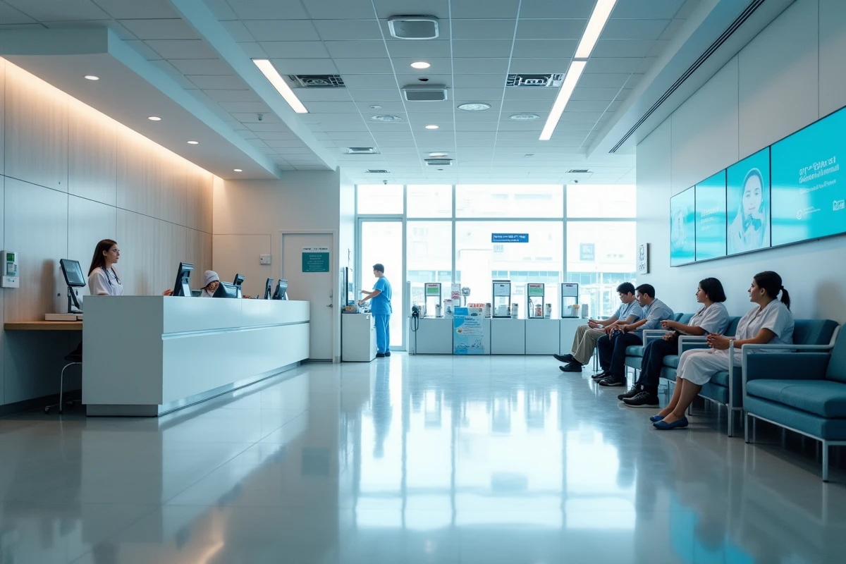 Hall d'accueil d'un hôpital public moderne symbolisant les services de santé développés dans un pays à indice de développement humain élevé