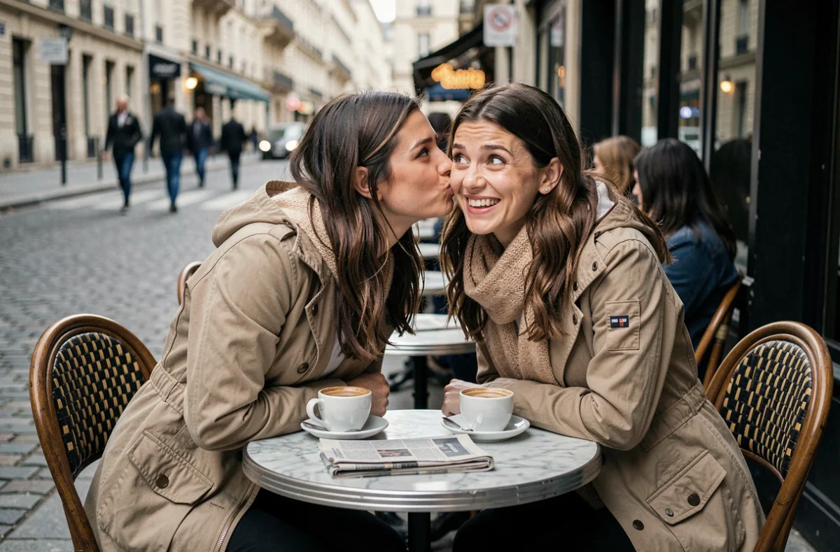 Deux femmes complices sur une terrasse de café parisien partageant une blague d'humour noir en se chuchotant à l'oreille