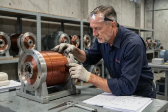 Ingénieur électrotechnicien inspectant les bobinages en cuivre d'un moteur synchrone industriel dans un atelier de fabrication