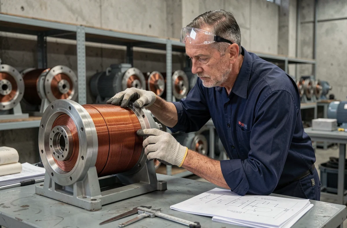 Ingénieur électrotechnicien inspectant les bobinages en cuivre d'un moteur synchrone industriel dans un atelier de fabrication