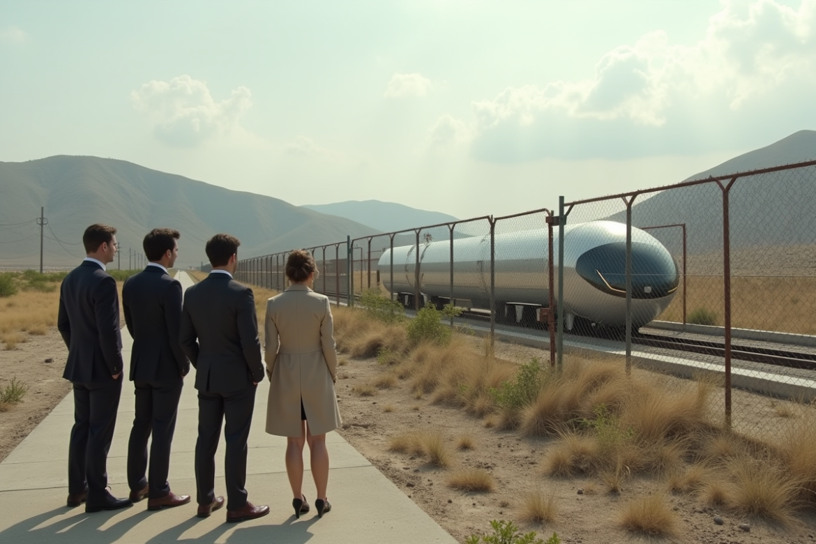 Groupe d'ingénieurs devant une voie Hyperloop abandonnée