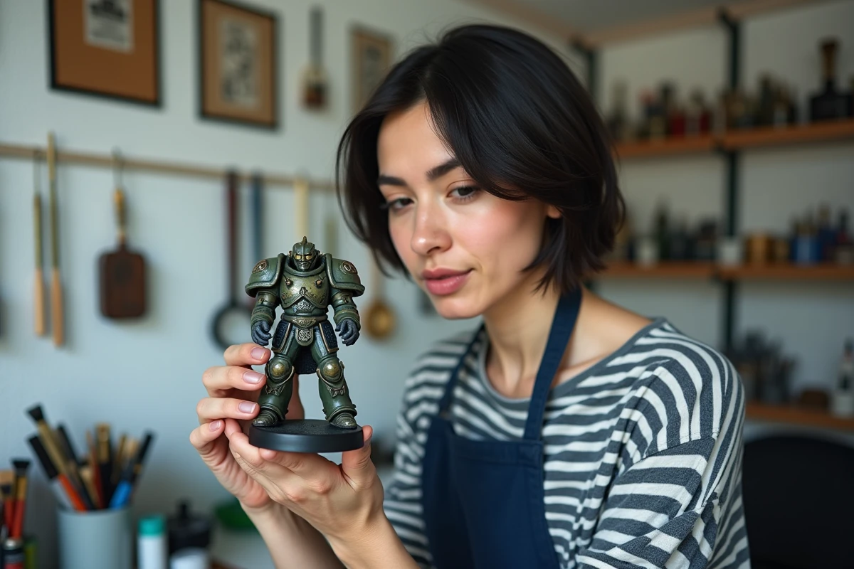 Femme inspectant les éclats de peinture sur une figurine Warhammer Chaos Warrior avant une retouche de conservation