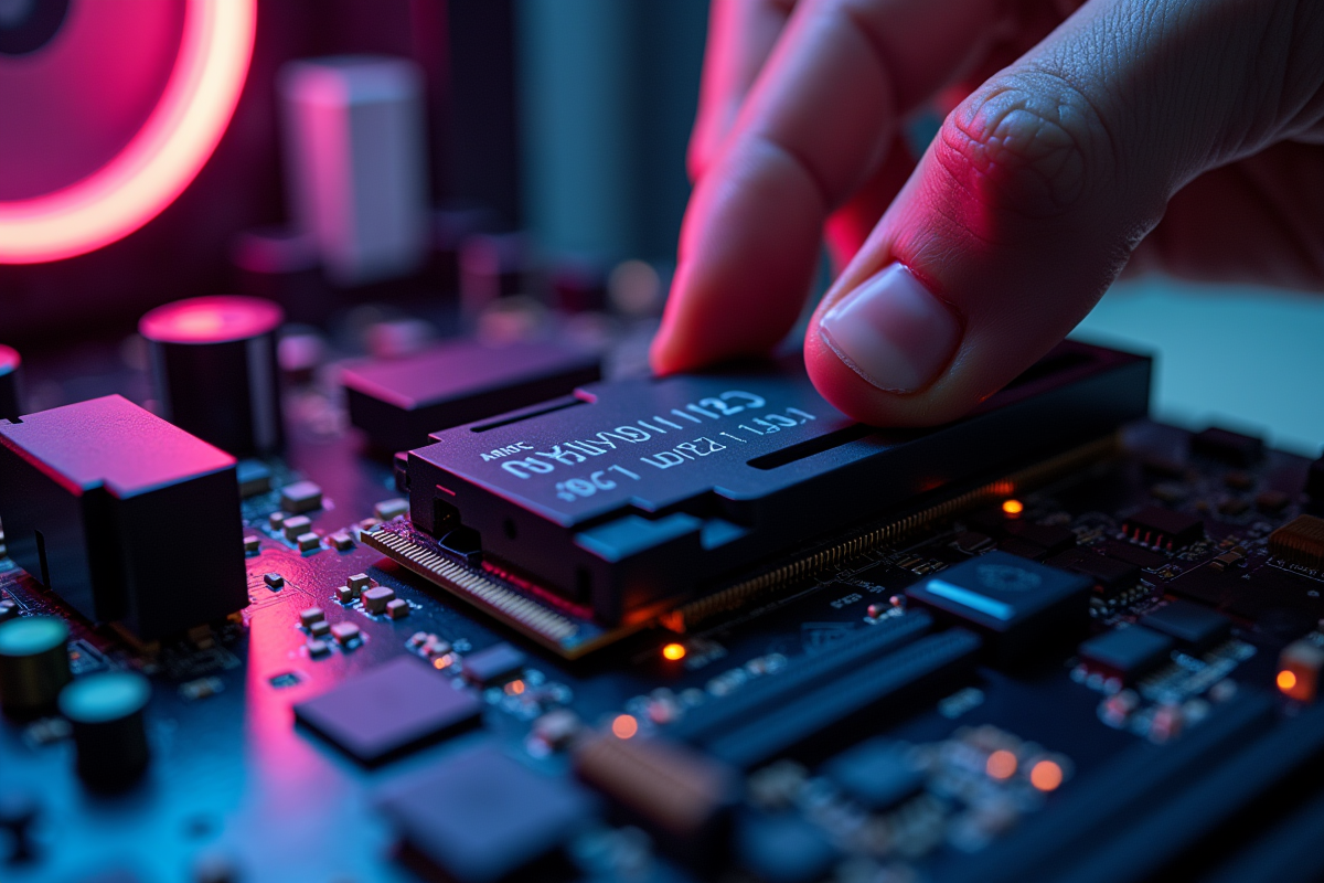 Installation d’un SSD NVMe sur une carte mère en gros plan