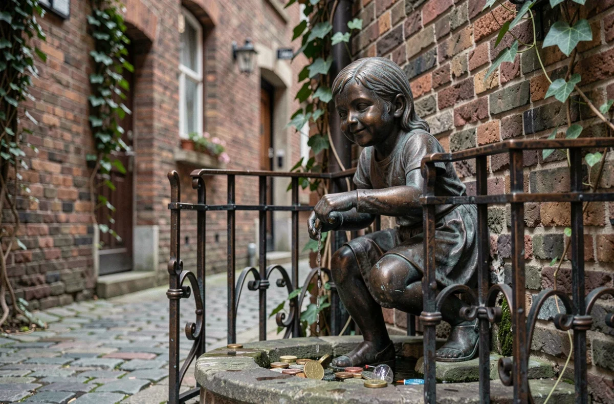 La statue de la Jeanneke Pis dans une ruelle pavée de Bruxelles avec grille en fer forgé