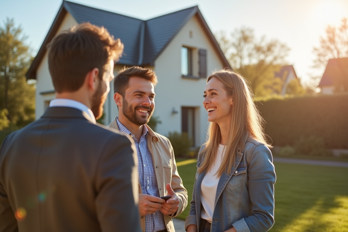 Jeune couple discutant avec agent immobilier devant maison moderne à Rennes