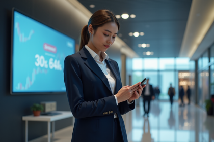 Jeune femme professionnelle utilisant un smartphone dans une banque moderne