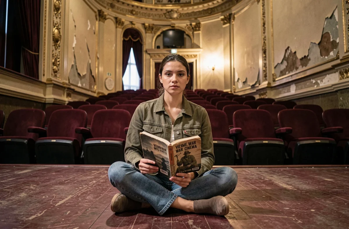 Jeune femme lisant un livre sur le cinéma anti-guerre du Vietnam assise dans un vieux cinéma art et essai aux fauteuils en velours rouge