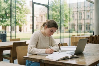 Jeune femme en étude universitaire dans une salle moderne