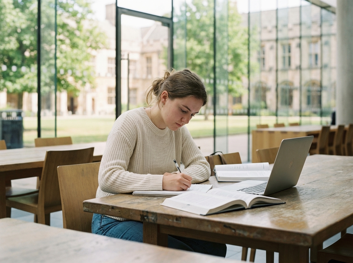 Jeune femme en étude universitaire dans une salle moderne