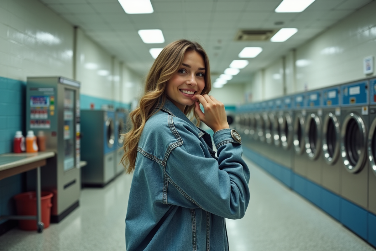 Jeune femme sentant la manche de sa veste en denim dans une laverie
