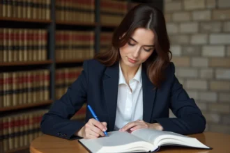 Jeune femme en bibliothèque universitaire lit un Code civil