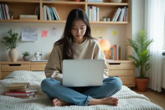 Jeune femme lisant un manga sur son ordinateur dans une chambre minimaliste