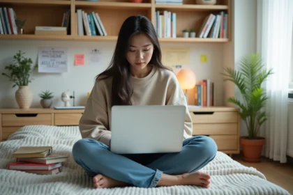 Jeune femme lisant un manga sur son ordinateur dans une chambre minimaliste