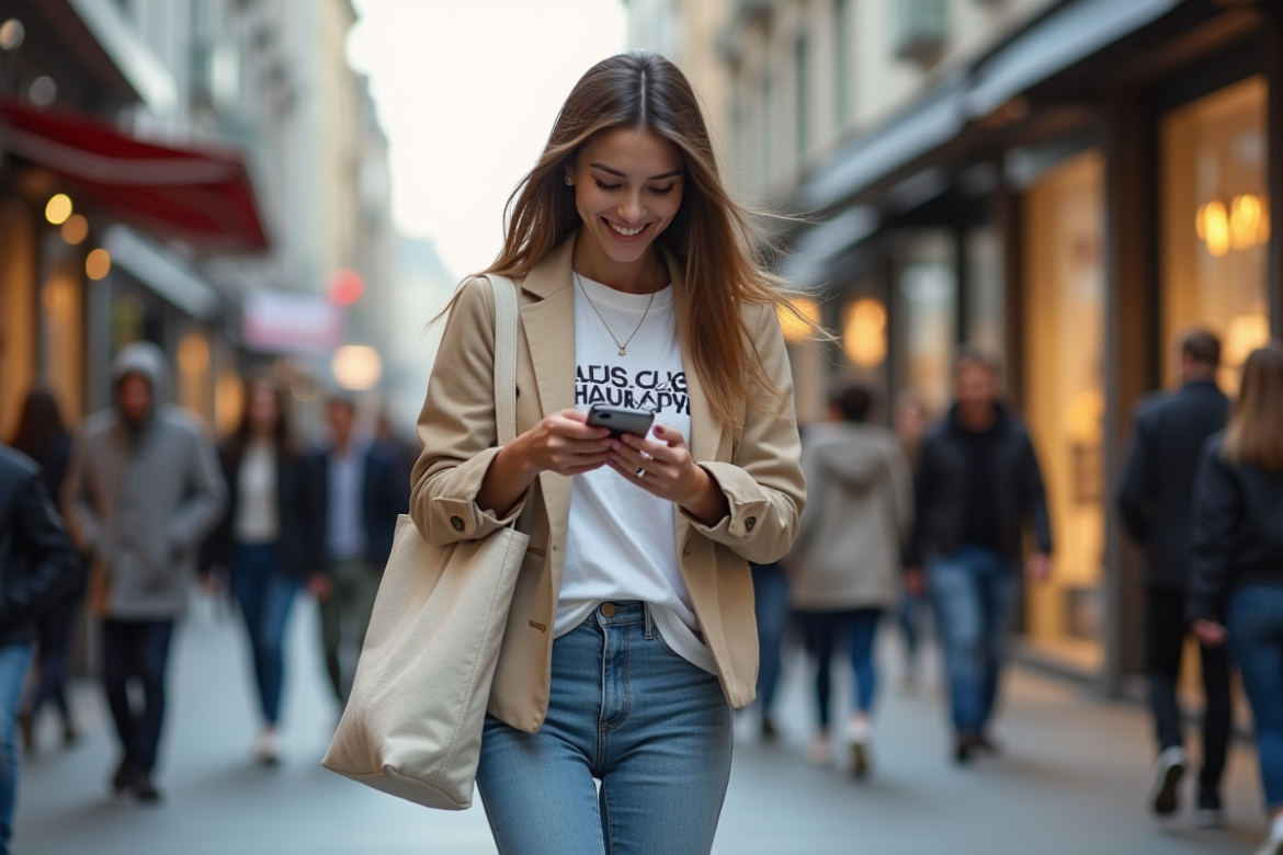 Jeune femme mode urbaine marche dans la rue