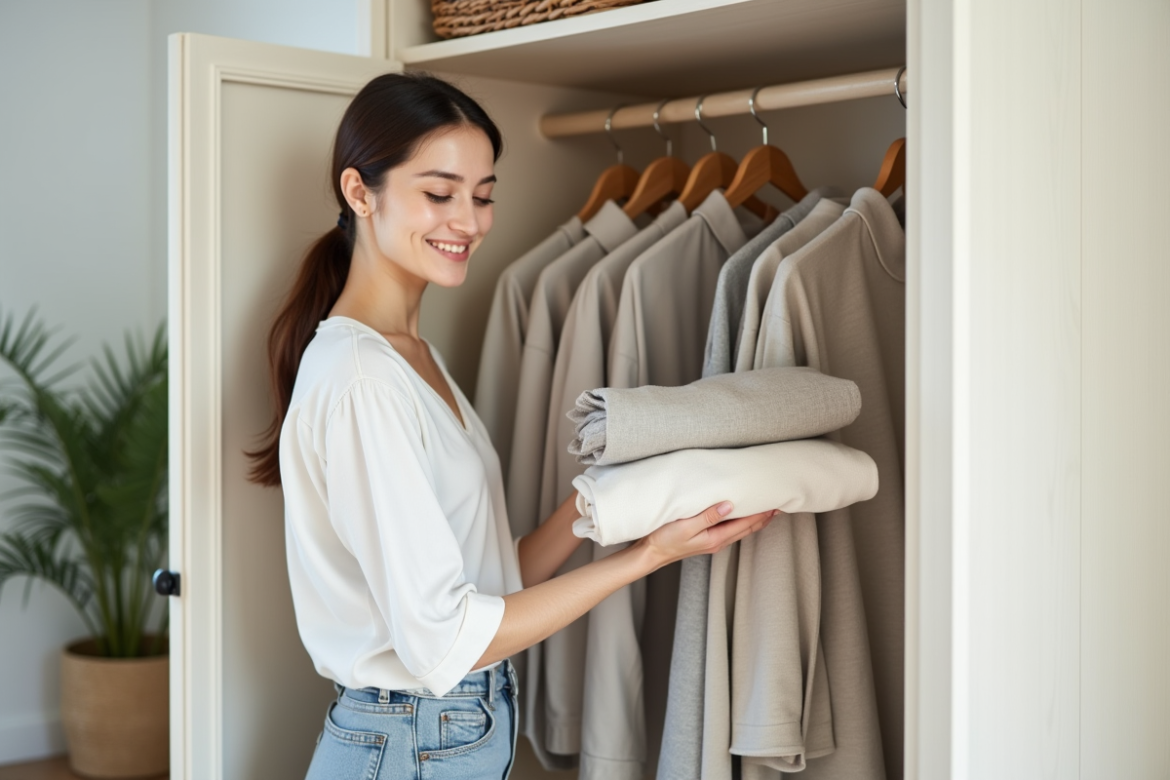 Jeune femme arrangeant ses vêtements dans une garde-robe minimaliste