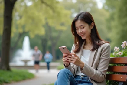 Jeune femme regardant son téléphone dans un parc urbain