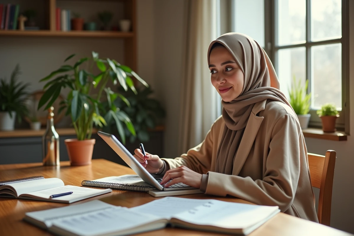 Jeune femme en hijab utilisant une tablette pour prière à la maison